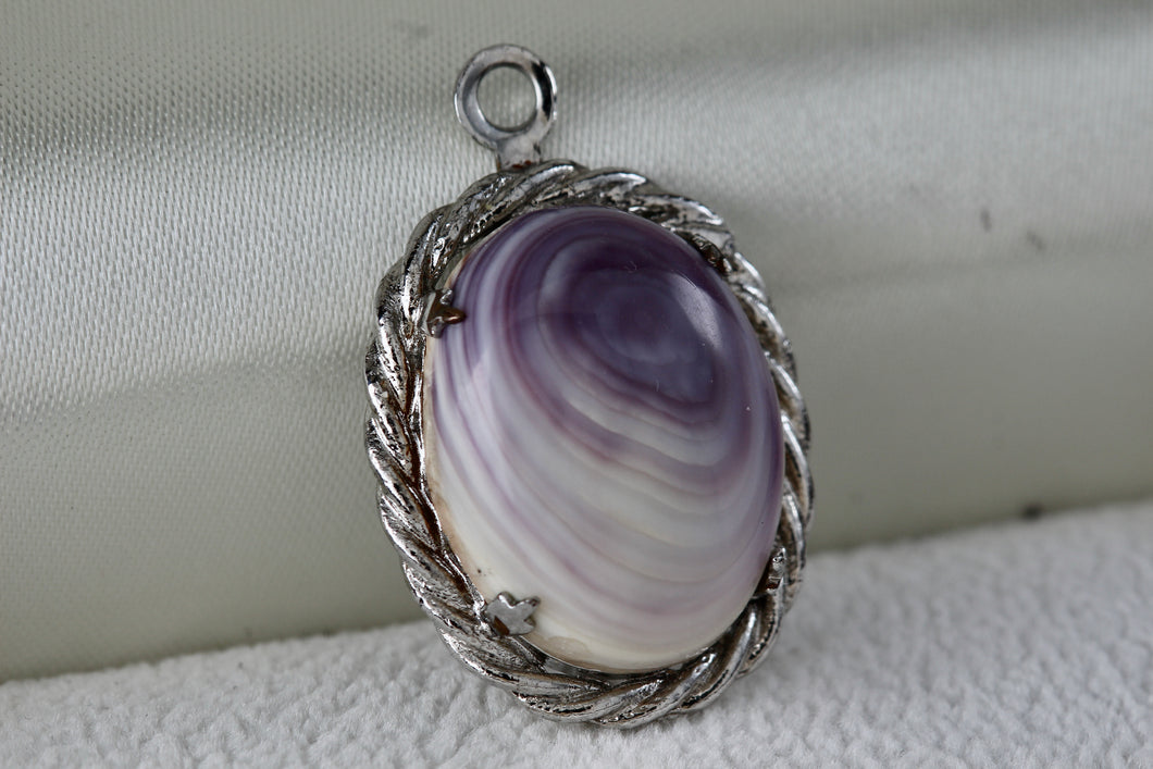 Silver Purple White Oval Polished Agate Stone Pendant