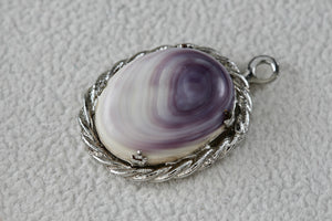 Silver Purple White Oval Polished Agate Stone Pendant