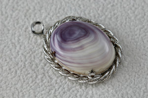 Silver Purple White Oval Polished Agate Stone Pendant