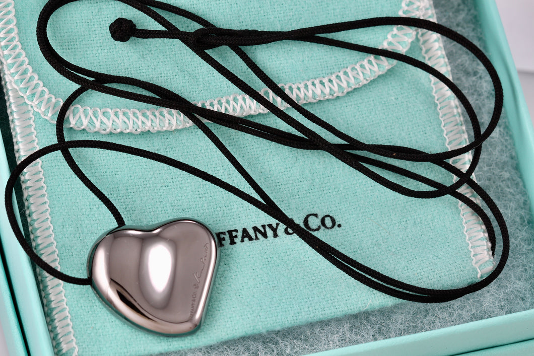 Tiffany & Co. Elsa Peretti Large Full Heart Ruthenium Silk Cord Necklace