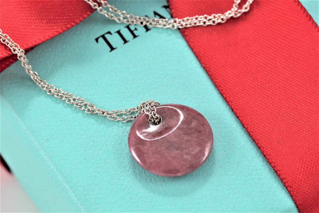 Tiffany & Co. Elsa Peretti Silver Pink Rhodonite Round Disc Pendant Necklace