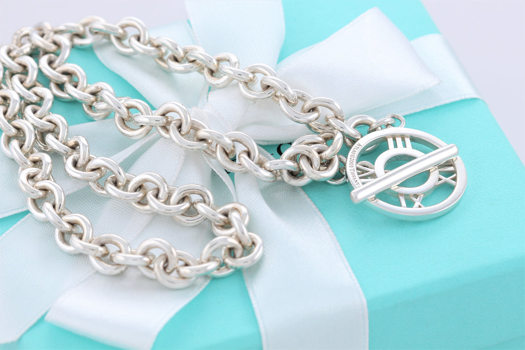 Tiffany & Co. Atlas Silver Roman Numerals Medallion Toggle Necklace