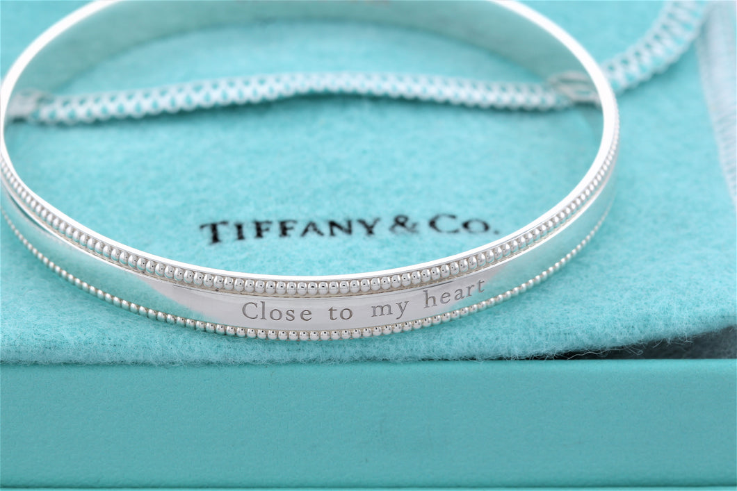 Tiffany & Co. Silver Yours ''Close To My Heart'' Beaded Edge Bangle Bracelet