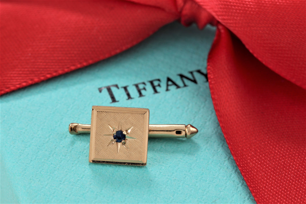 Tiffany & Co. Mens 14K Gold Blue Sapphire Square Shirt Stud