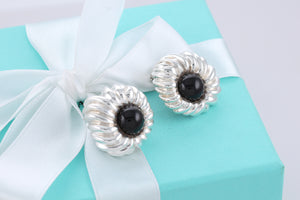 Tiffany & Co. Nature Silver Onyx Gemstone Nature Flower Clip On Earrings