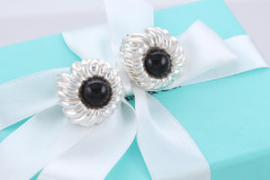 Tiffany & Co. Nature Silver Onyx Gemstone Nature Flower Clip On Earrings