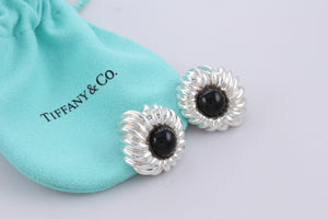 Tiffany & Co. Nature Silver Onyx Gemstone Nature Flower Clip On Earrings