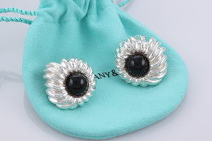 Tiffany & Co. Nature Silver Onyx Gemstone Nature Flower Clip On Earrings