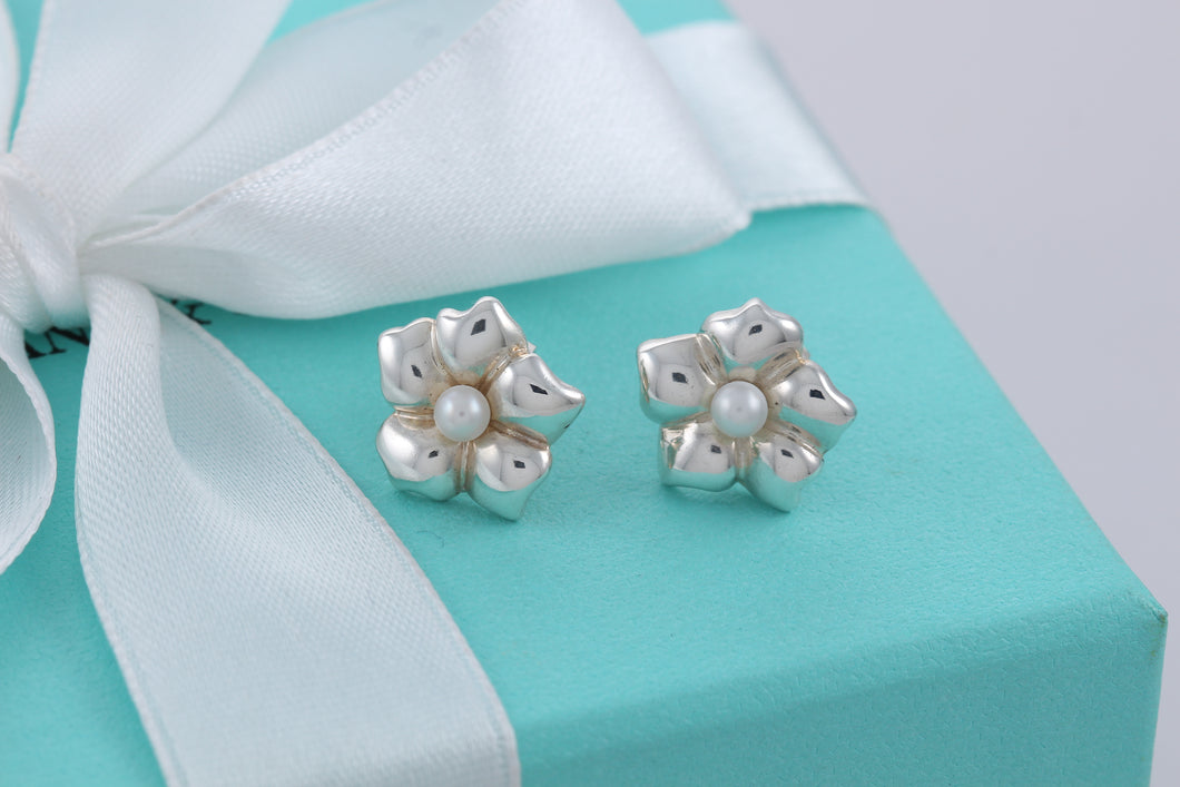 Tiffany & Co. Nature Silver Pearl Flower Stud Earrings