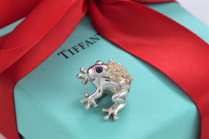 Tiffany & Co. 18Kt. Gold & Silver Blue Sapphire Gemtone Frog Pin Brooch