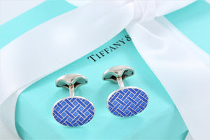 Tiffany & Co. Mens Silver Blue Enamel Plaid England Oval Cufflinks