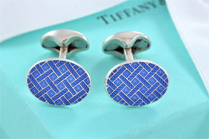 Tiffany & Co. Mens Silver Blue Enamel Plaid England Oval Cufflinks