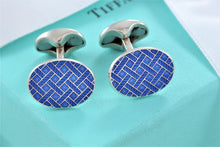 Load image into Gallery viewer, Tiffany &amp; Co. Mens Silver Blue Enamel Plaid England Oval Cufflinks
