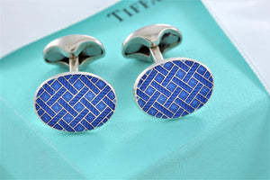 Tiffany & Co. Mens Silver Blue Enamel Plaid England Oval Cufflinks