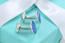 Load image into Gallery viewer, Tiffany &amp; Co. Mens Silver Blue Enamel Plaid England Oval Cufflinks
