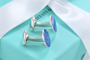 Tiffany & Co. Mens Silver Blue Enamel Plaid England Oval Cufflinks