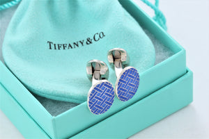 Tiffany & Co. Mens Silver Blue Enamel Plaid England Oval Cufflinks