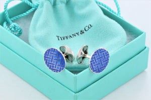 Tiffany & Co. Mens Silver Blue Enamel Plaid England Oval Cufflinks