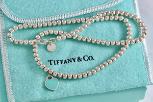 Return To Tiffany & Co. Silver Blue Enamel Heart Charm Mini Ball Beaded Necklace