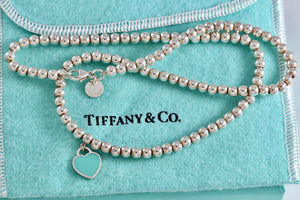 Return To Tiffany & Co. Silver Blue Enamel Heart Charm Mini Ball Beaded Necklace