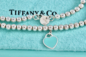 Return To Tiffany & Co. Silver Blue Enamel Heart Charm Mini Ball Beaded Necklace