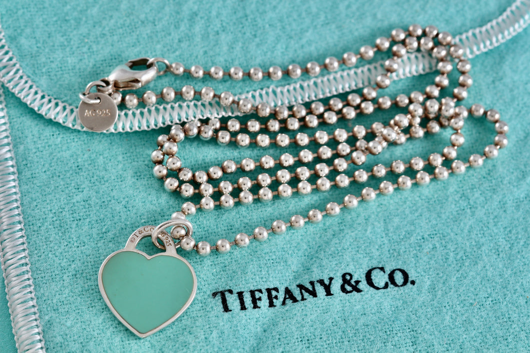 Return To Tiffany & Co. Silver Small Blue Enamel Heart Charm Beaded Chain Necklace
