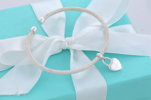 Return To Tiffany & Co. Silver Dangling Heart Charm Mesh Cuff Bracelet