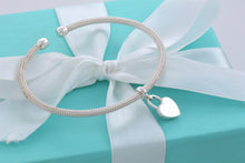 Load image into Gallery viewer, Return To Tiffany &amp; Co. Silver Dangling Heart Charm Mesh Cuff Bracelet
