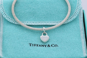 Return To Tiffany & Co. Silver Dangling Heart Charm Mesh Cuff Bracelet