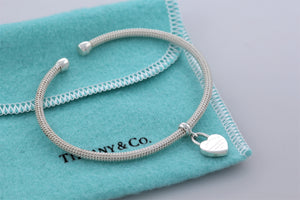 Return To Tiffany & Co. Silver Dangling Heart Charm Mesh Cuff Bracelet