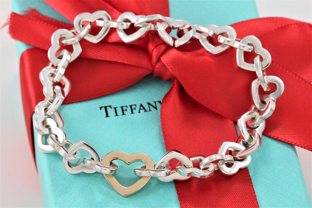 Tiffany & Co. 18K Gold & Silver Heart Link Toggle Closure Bracelet