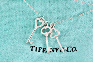 Tiffany & Co. Silver Mini Oval, Heart & Trefoil Triple Key Pendant 20" Necklace
