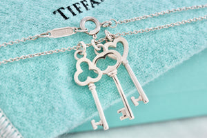 Tiffany & Co. Silver Mini Oval, Heart & Trefoil Triple Key Pendant 20" Necklace