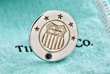 Load image into Gallery viewer, Tiffany &amp; Co. Vintage 14K Gold Inlay Blue Sapphire Silver Union Pacific 5 Star Brooch Pin
