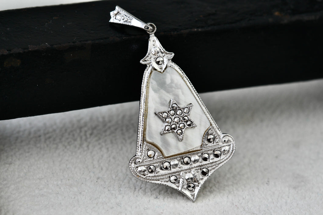 Theda Sterling Silver Mother Of Pearl Star of David Pendulum Rhinestone Charm Pendant