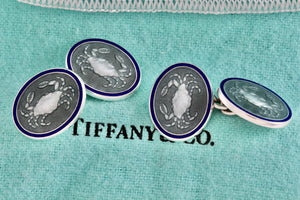 Tiffany & Co. Mens Silver Green Blue Guilloche Enamel Crab Cufflinks