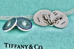 Tiffany & Co. Mens Silver Green Blue Guilloche Enamel Crab Cufflinks