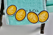 Load image into Gallery viewer, Tiffany &amp; Co. Mens Silver Yellow Blue Guilloche Enamel Frog Cufflinks
