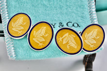 Load image into Gallery viewer, Tiffany &amp; Co. Mens Silver Yellow Blue Guilloche Enamel Frog Cufflinks
