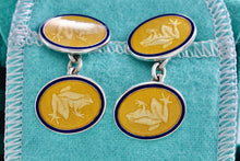 Load image into Gallery viewer, Tiffany &amp; Co. Mens Silver Yellow Blue Guilloche Enamel Frog Cufflinks
