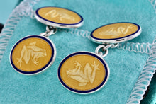 Load image into Gallery viewer, Tiffany &amp; Co. Mens Silver Yellow Blue Guilloche Enamel Frog Cufflinks
