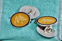 Load image into Gallery viewer, Tiffany &amp; Co. Mens Silver Yellow Blue Guilloche Enamel Frog Cufflinks
