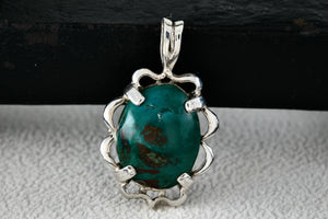 Native American Sterling Silver Oval Dark Green Turquoise Pendant