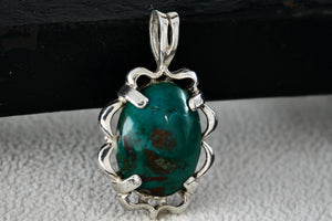 Native American Sterling Silver Oval Dark Green Turquoise Pendant