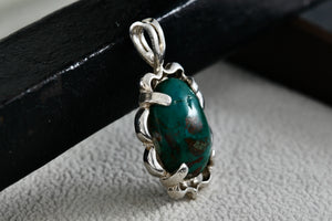 Native American Sterling Silver Oval Dark Green Turquoise Pendant