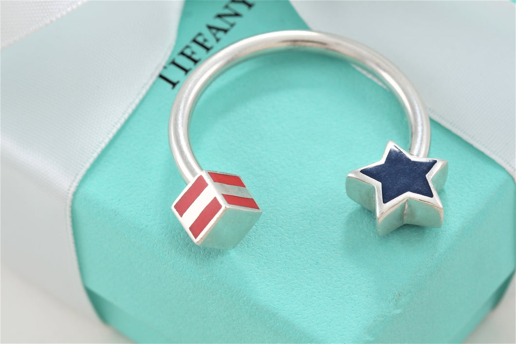 Tiffany & Co. Silver Red & Blue Enamel American Flag Keychain Keyring