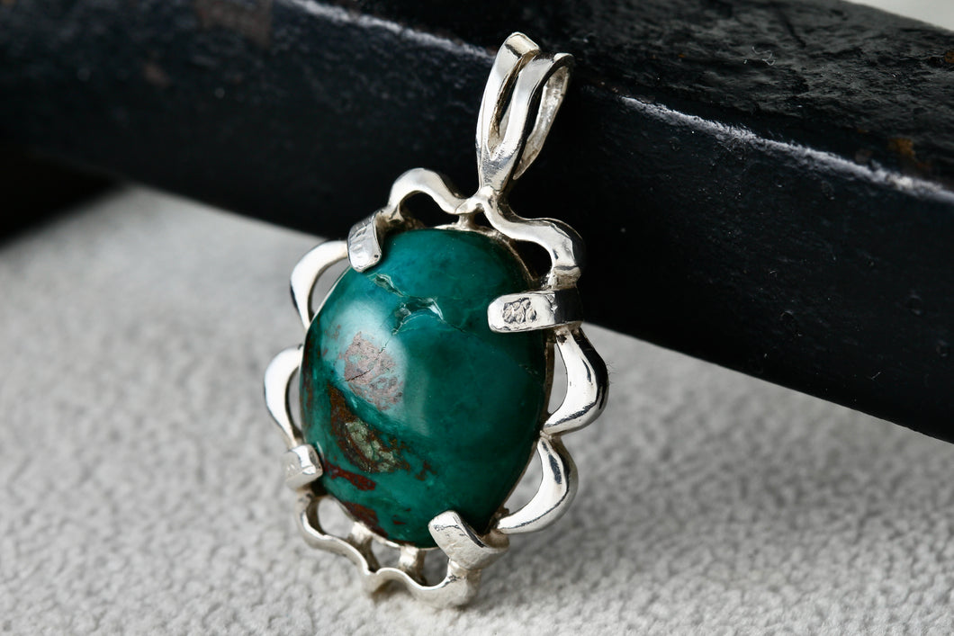 Native American Sterling Silver Oval Dark Green Turquoise Pendant