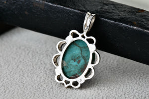 Native American Sterling Silver Oval Dark Green Turquoise Pendant