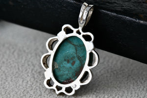 Native American Sterling Silver Oval Dark Green Turquoise Pendant