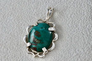 Native American Sterling Silver Oval Dark Green Turquoise Pendant